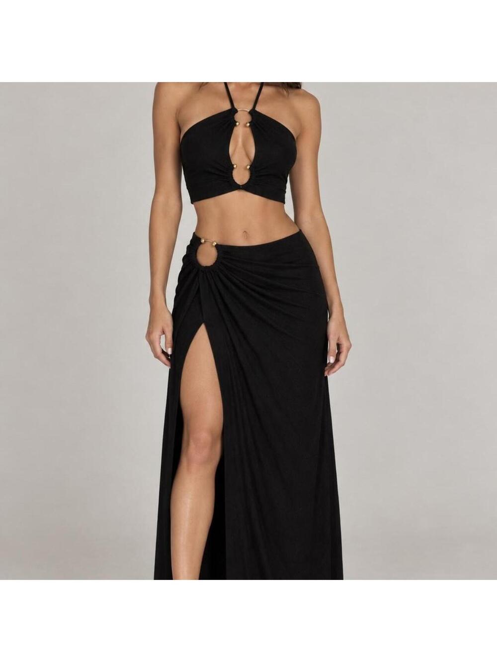 Tiger Mist Lyna Black Halter Crop Top and Skirt Set Size S